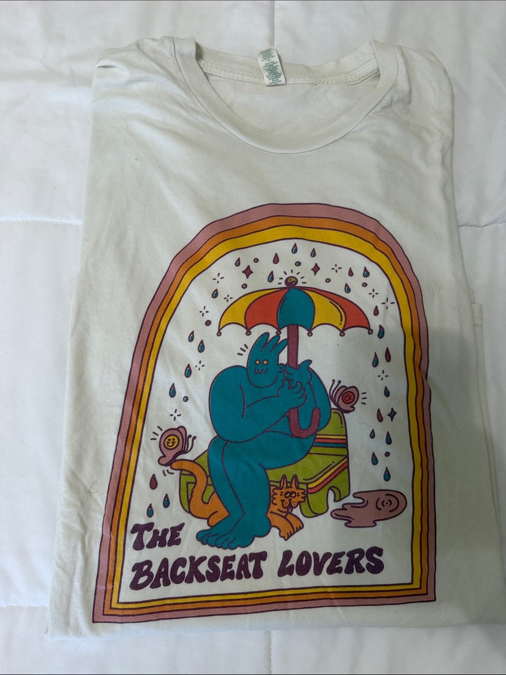 Graphic 'The Backseat Lovers' White Tee with Colorful Illustration
